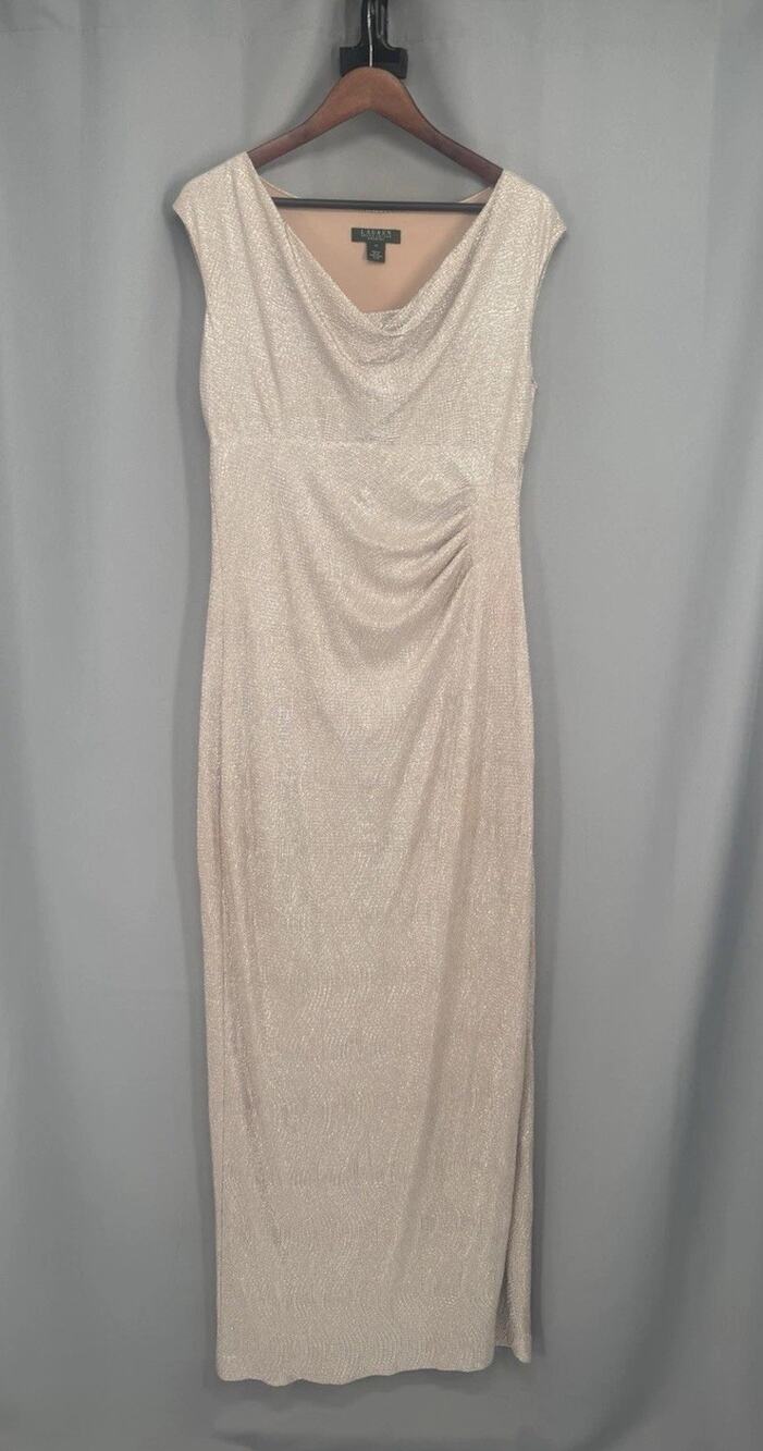 Lauren Ralph Lauren Gown 12 Pink Metallic Ruched Dress Wedding Cocktail MOTB